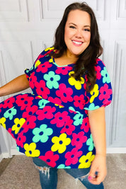 Sunny Days Navy Flat Floral Bubble Sleeve Babydoll Top | Daverri Fashions