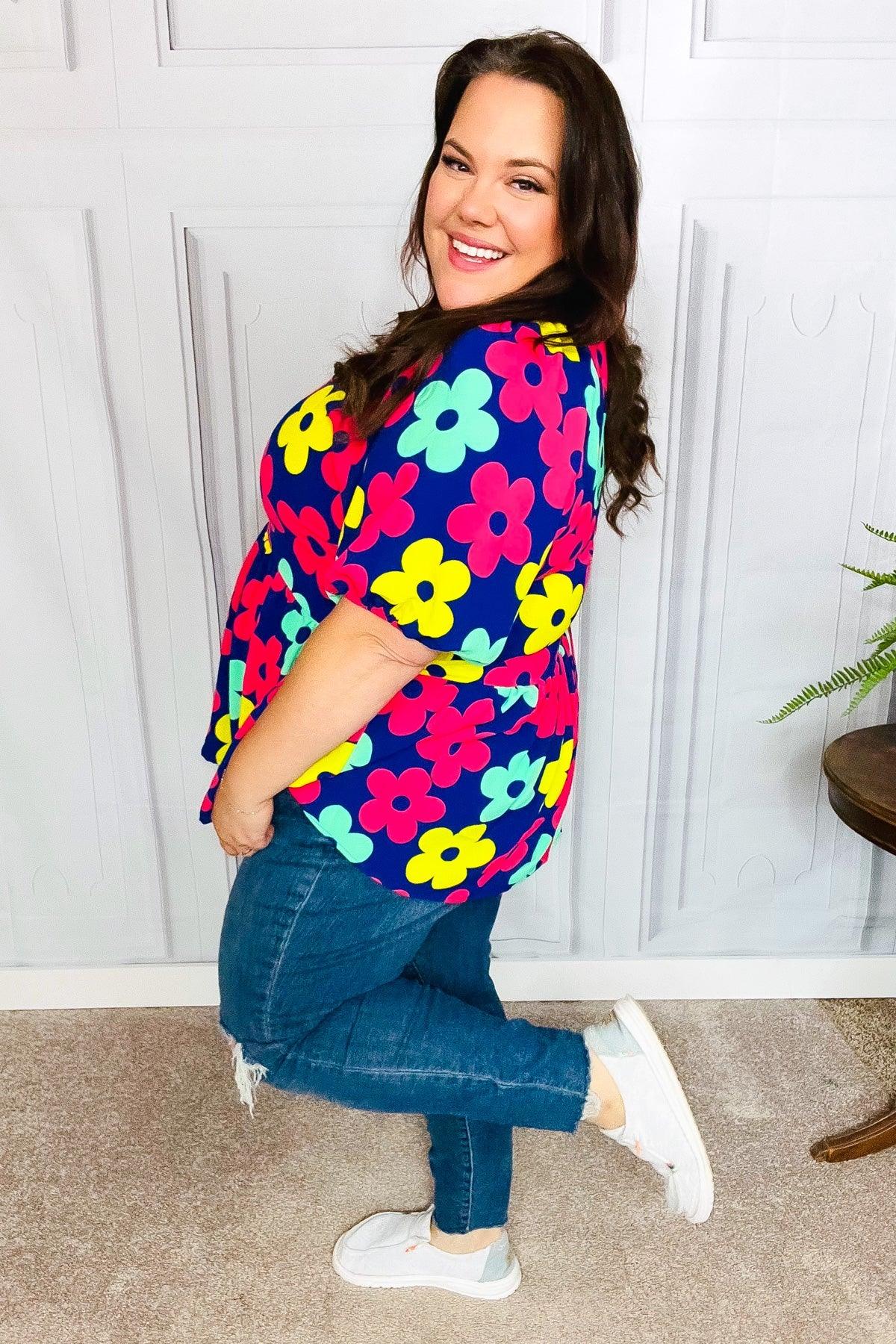 Sunny Days Navy Flat Floral Bubble Sleeve Babydoll Top | Daverri Fashions