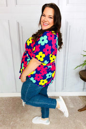 Sunny Days Navy Flat Floral Bubble Sleeve Babydoll Top | Daverri Fashions