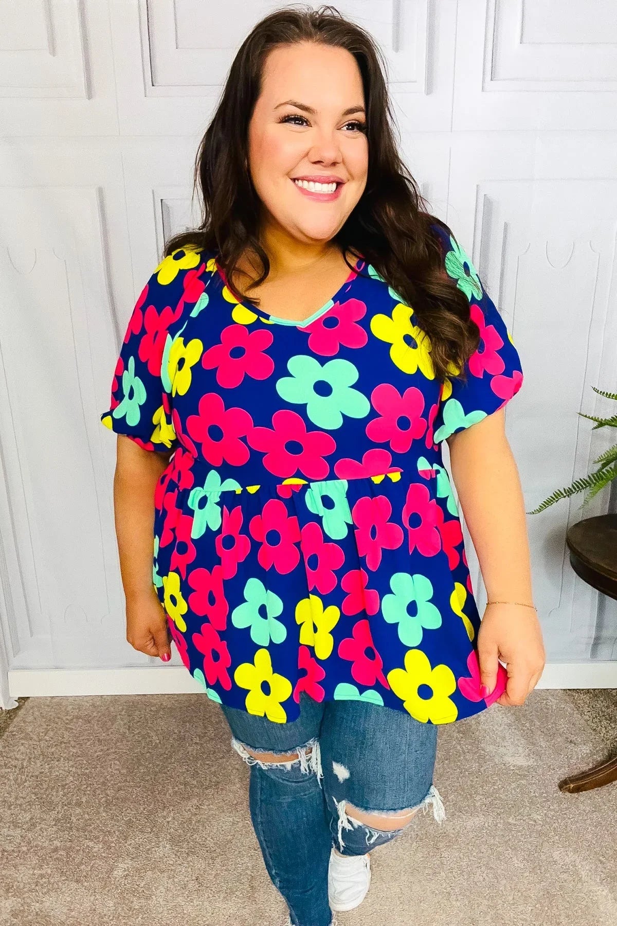 Sunny Days Navy Flat Floral Bubble Sleeve Babydoll Top | Daverri Fashions