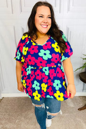 Sunny Days Navy Flat Floral Bubble Sleeve Babydoll Top | Daverri Fashions