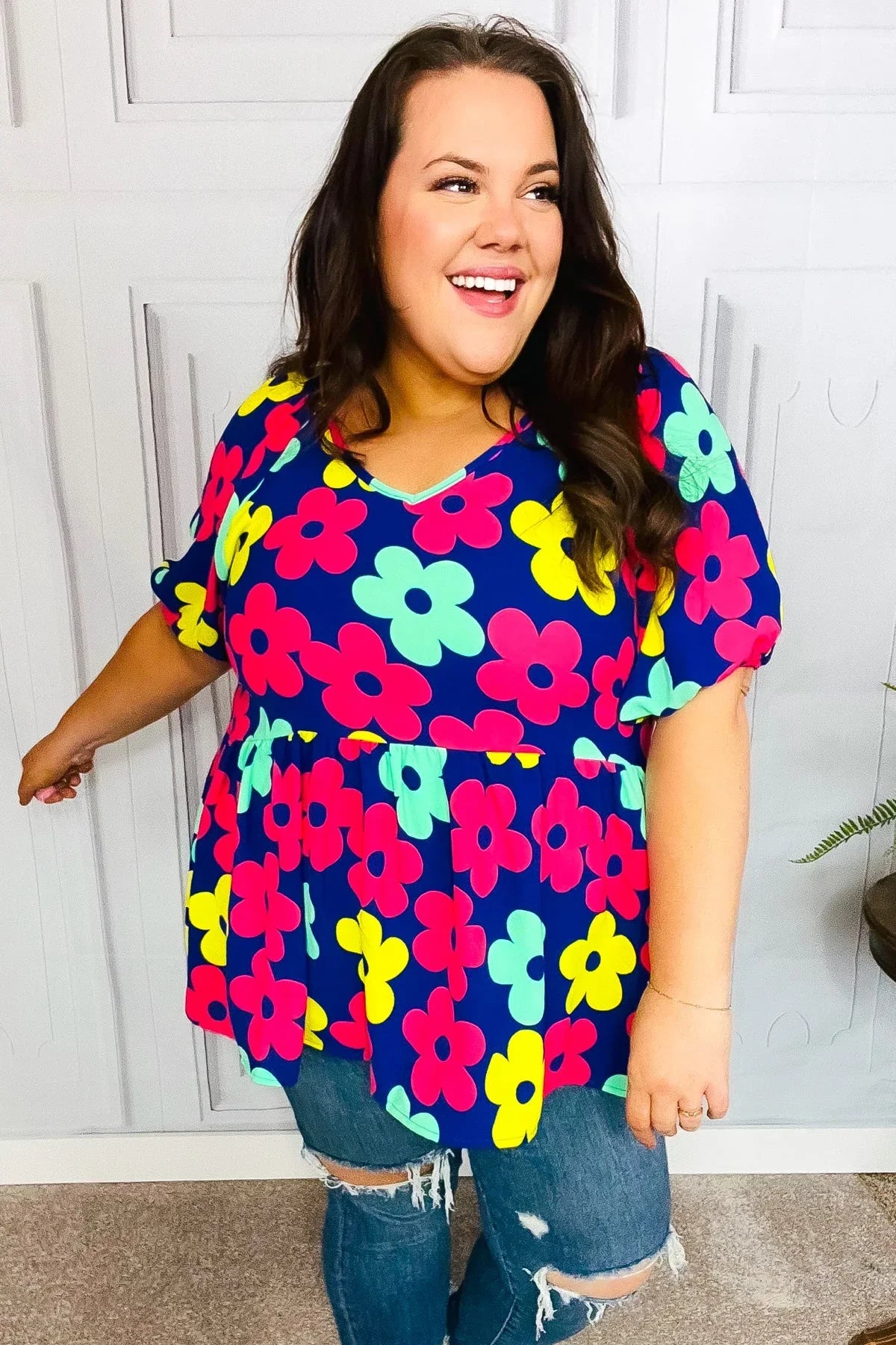 Sunny Days Navy Flat Floral Bubble Sleeve Babydoll Top | Daverri Fashions