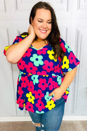 Sunny Days Navy Flat Floral Bubble Sleeve Babydoll Top | Daverri Fashions