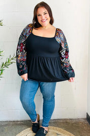 Charming Black Square Neck Border Print Bubble Sleeve Top | Daverri Fashions