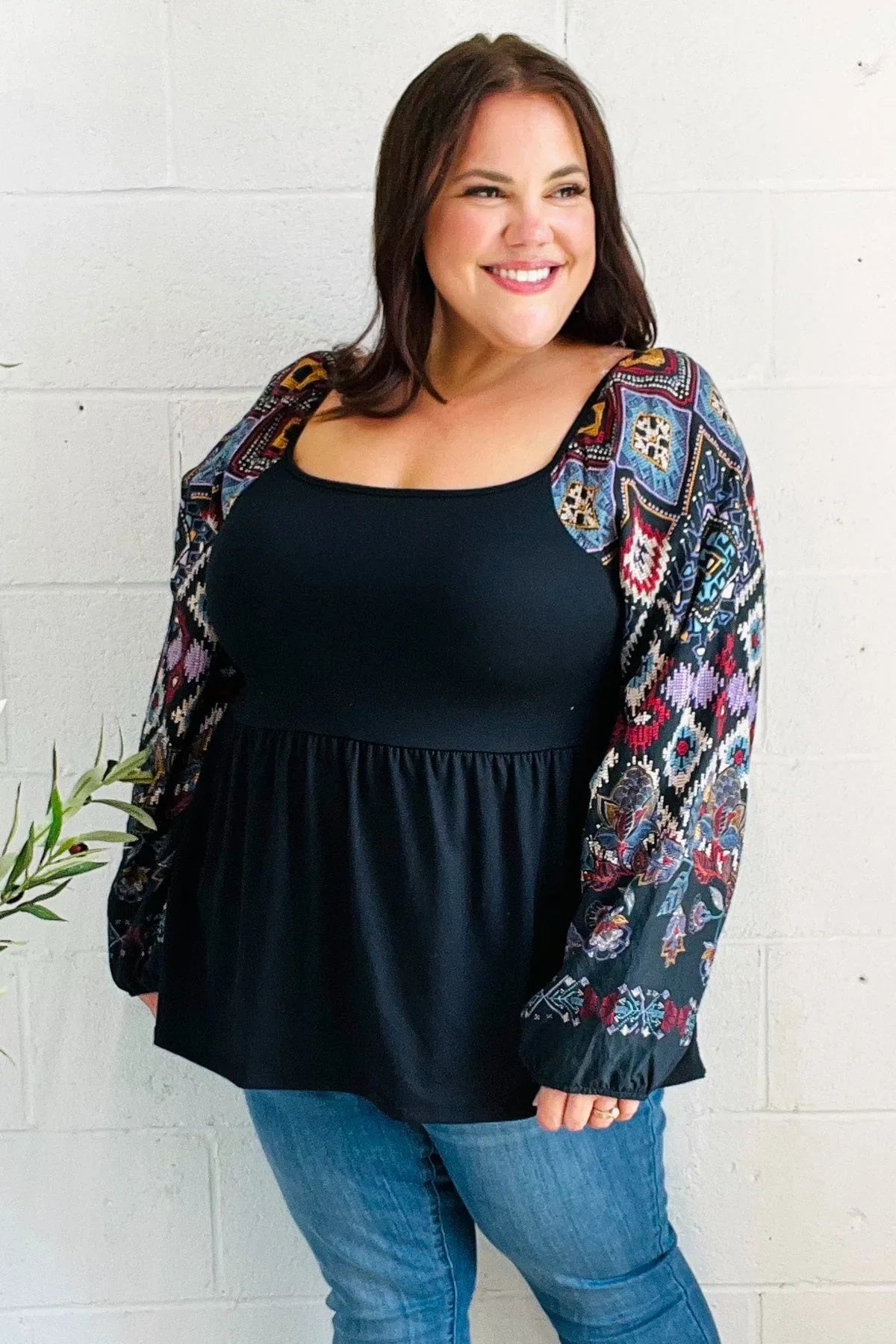 Charming Black Square Neck Border Print Bubble Sleeve Top | Daverri Fashions