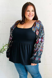 Charming Black Square Neck Border Print Bubble Sleeve Top | Daverri Fashions