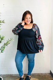Charming Black Square Neck Border Print Bubble Sleeve Top | Daverri Fashions