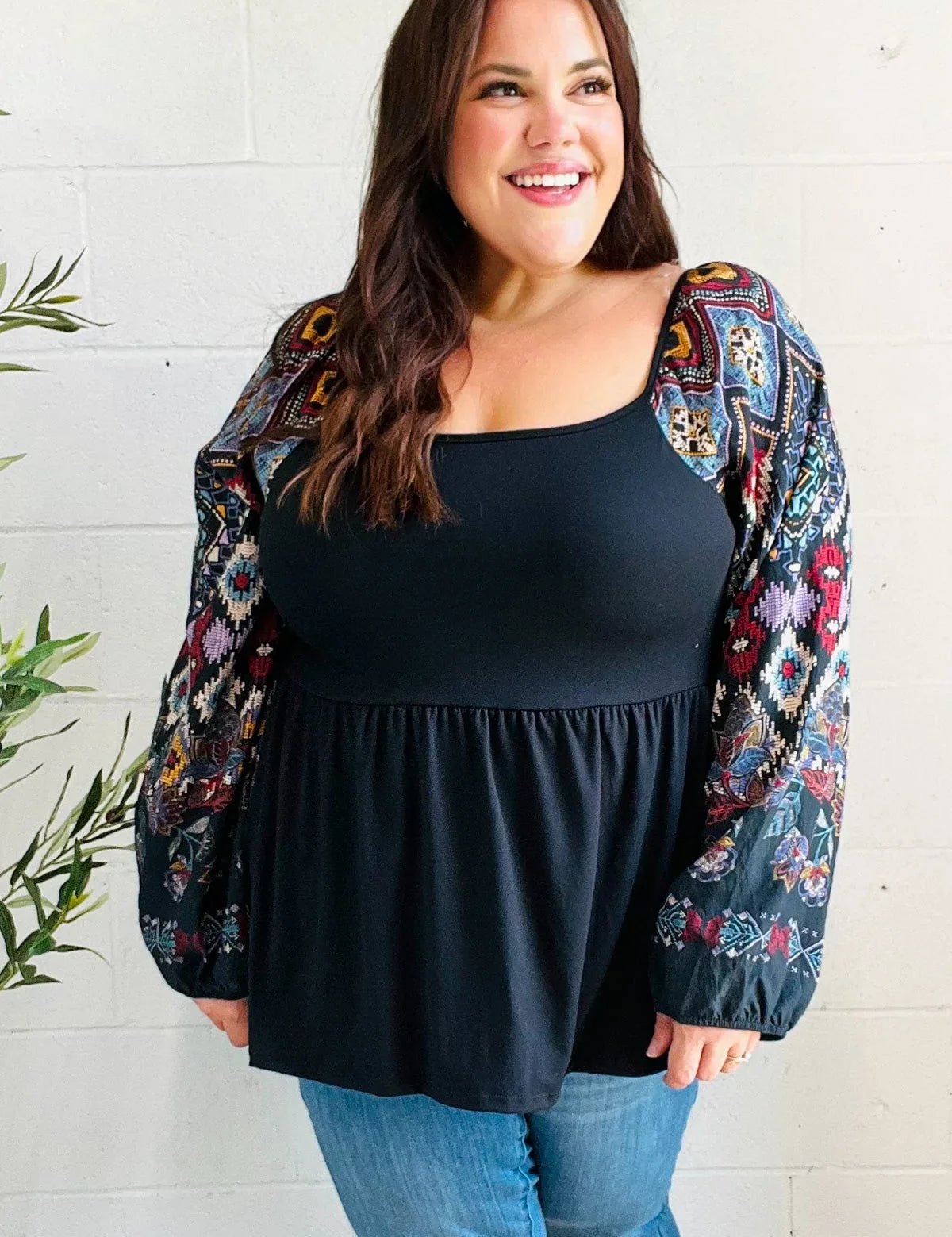 Charming Black Square Neck Border Print Bubble Sleeve Top | Daverri Fashions