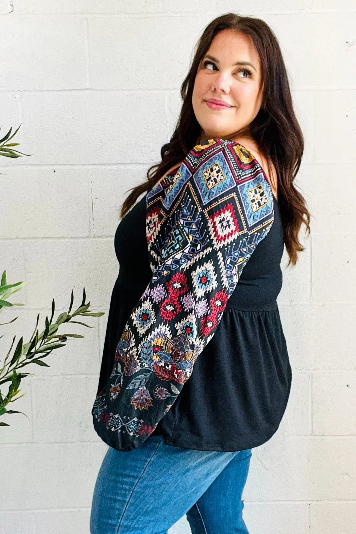 Charming Black Square Neck Border Print Bubble Sleeve Top | Daverri Fashions