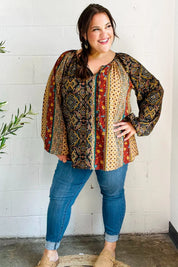 Weekend Ready Black & Rust Paisley Raglan Keyhole Tie Top | Daverri Fashions
