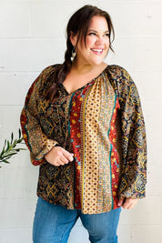 Weekend Ready Black & Rust Paisley Raglan Keyhole Tie Top | Daverri Fashions