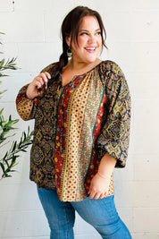 Weekend Ready Black & Rust Paisley Raglan Keyhole Tie Top | Daverri Fashions