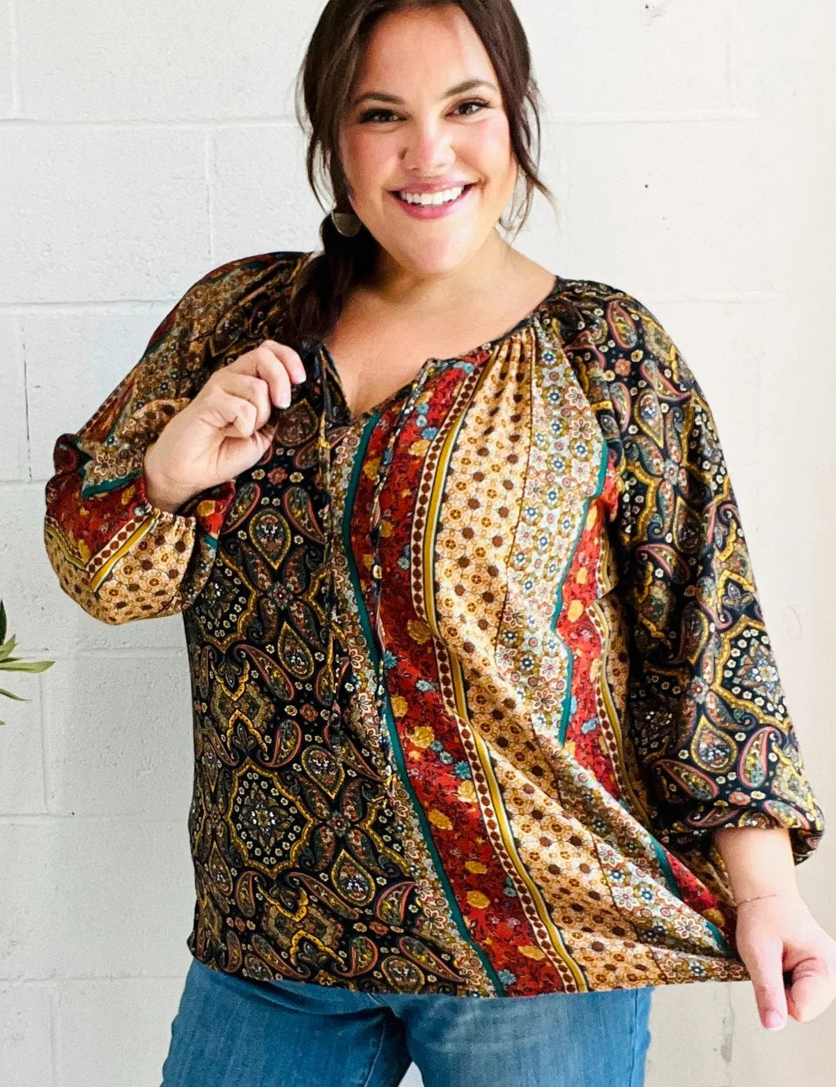 Weekend Ready Black & Rust Paisley Raglan Keyhole Tie Top | Daverri Fashions