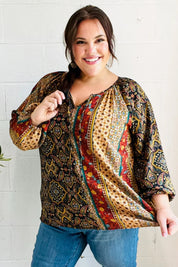 Weekend Ready Black & Rust Paisley Raglan Keyhole Tie Top | Daverri Fashions