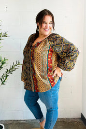 Weekend Ready Black & Rust Paisley Raglan Keyhole Tie Top | Daverri Fashions