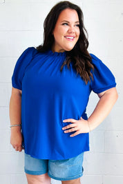 Lovely In Holiday Blue Frill Mock Neck Woven Top | Daverri Fashions