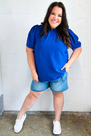 Lovely In Holiday Blue Frill Mock Neck Woven Top | Daverri Fashions