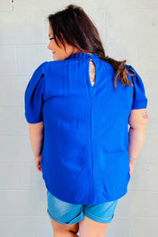 Lovely In Holiday Blue Frill Mock Neck Woven Top | Daverri Fashions