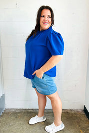 Lovely In Holiday Blue Frill Mock Neck Woven Top | Daverri Fashions
