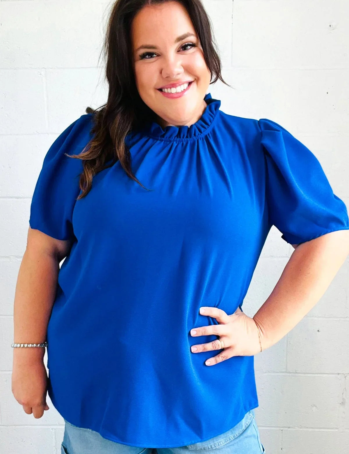 Lovely In Holiday Blue Frill Mock Neck Woven Top | Daverri Fashions