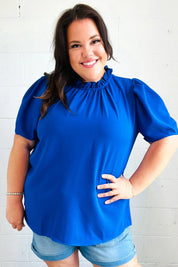 Lovely In Holiday Blue Frill Mock Neck Woven Top | Daverri Fashions