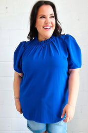 Lovely In Holiday Blue Frill Mock Neck Woven Top | Daverri Fashions