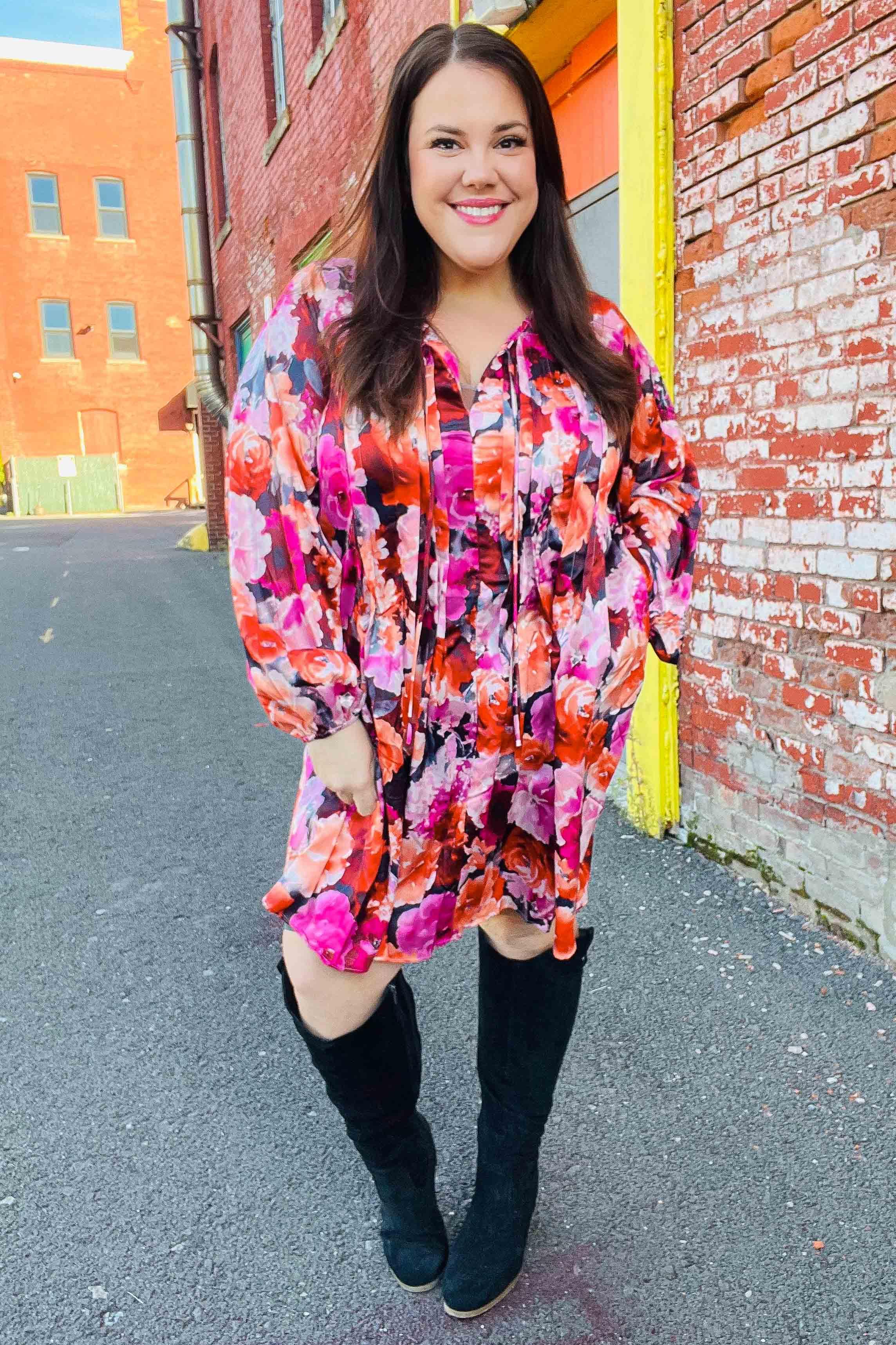 Diva Dreams Coral & Charcoal Floral Tie Neck Pintuck Satin Dress | Daverri Fashions