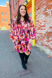 Diva Dreams Coral & Charcoal Floral Tie Neck Pintuck Satin Dress | Daverri Fashions