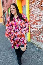 Diva Dreams Coral & Charcoal Floral Tie Neck Pintuck Satin Dress | Daverri Fashions