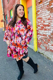 Diva Dreams Coral & Charcoal Floral Tie Neck Pintuck Satin Dress | Daverri Fashions