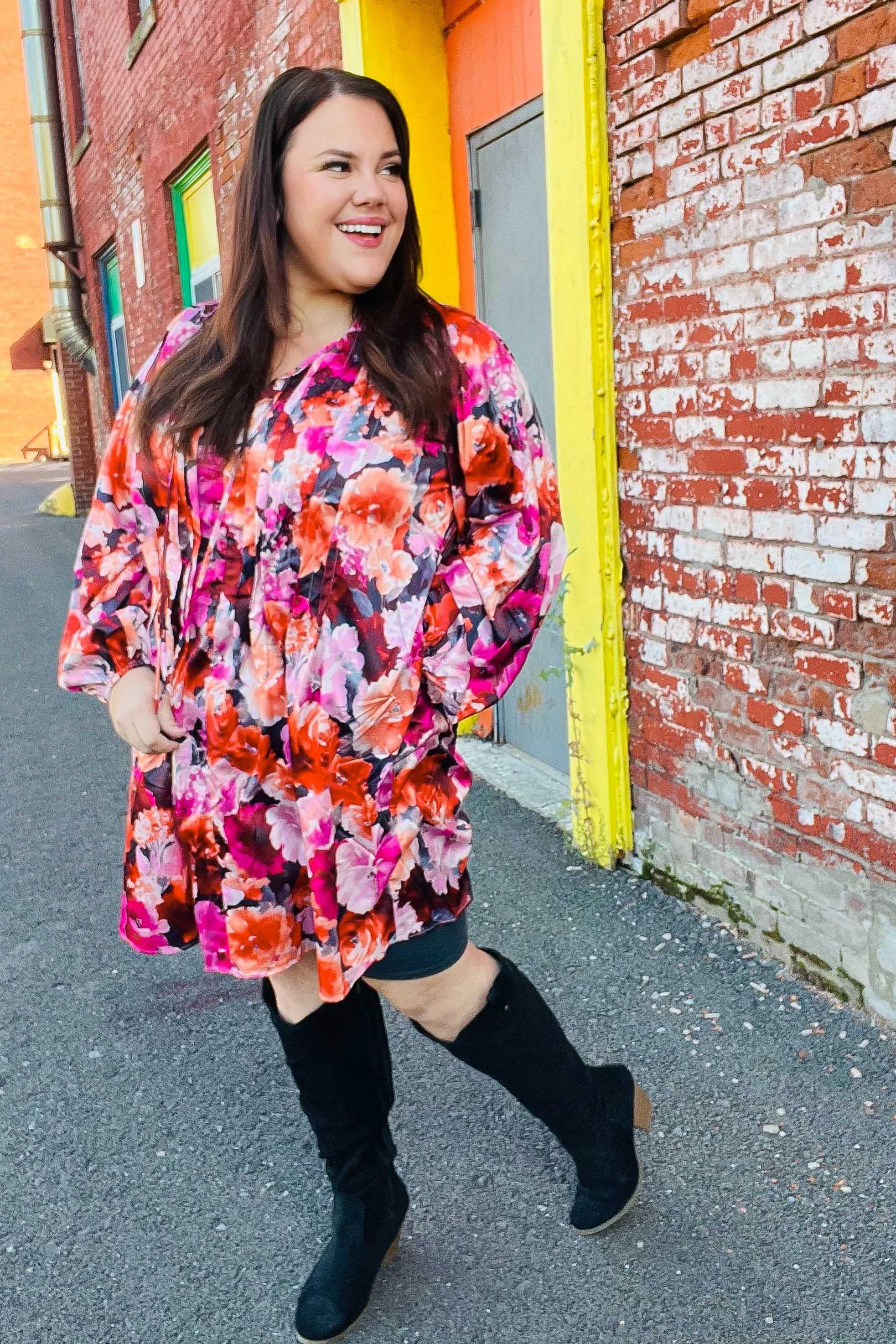 Diva Dreams Coral & Charcoal Floral Tie Neck Pintuck Satin Dress | Daverri Fashions