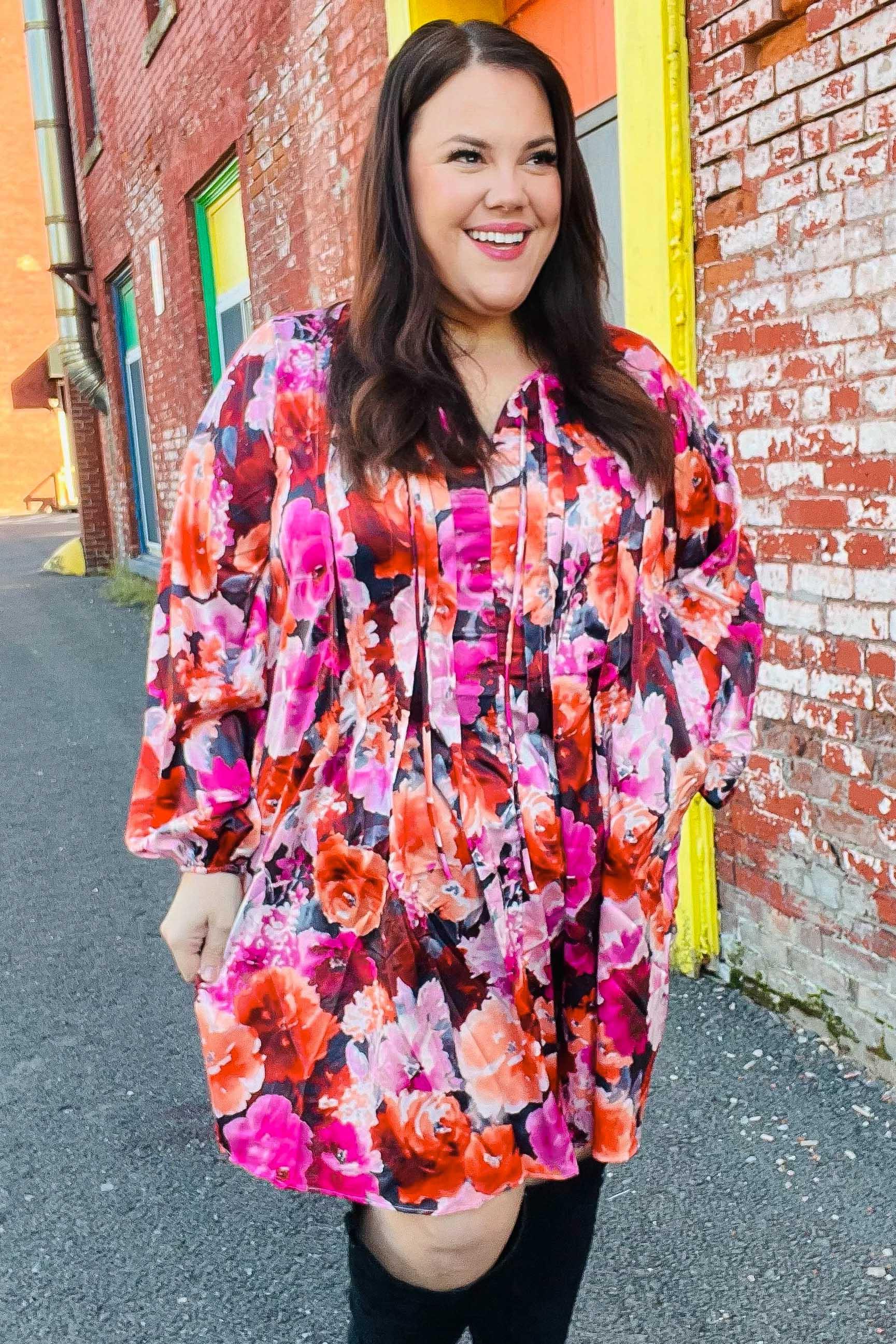 Diva Dreams Coral & Charcoal Floral Tie Neck Pintuck Satin Dress | Daverri Fashions