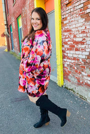 Diva Dreams Coral & Charcoal Floral Tie Neck Pintuck Satin Dress | Daverri Fashions