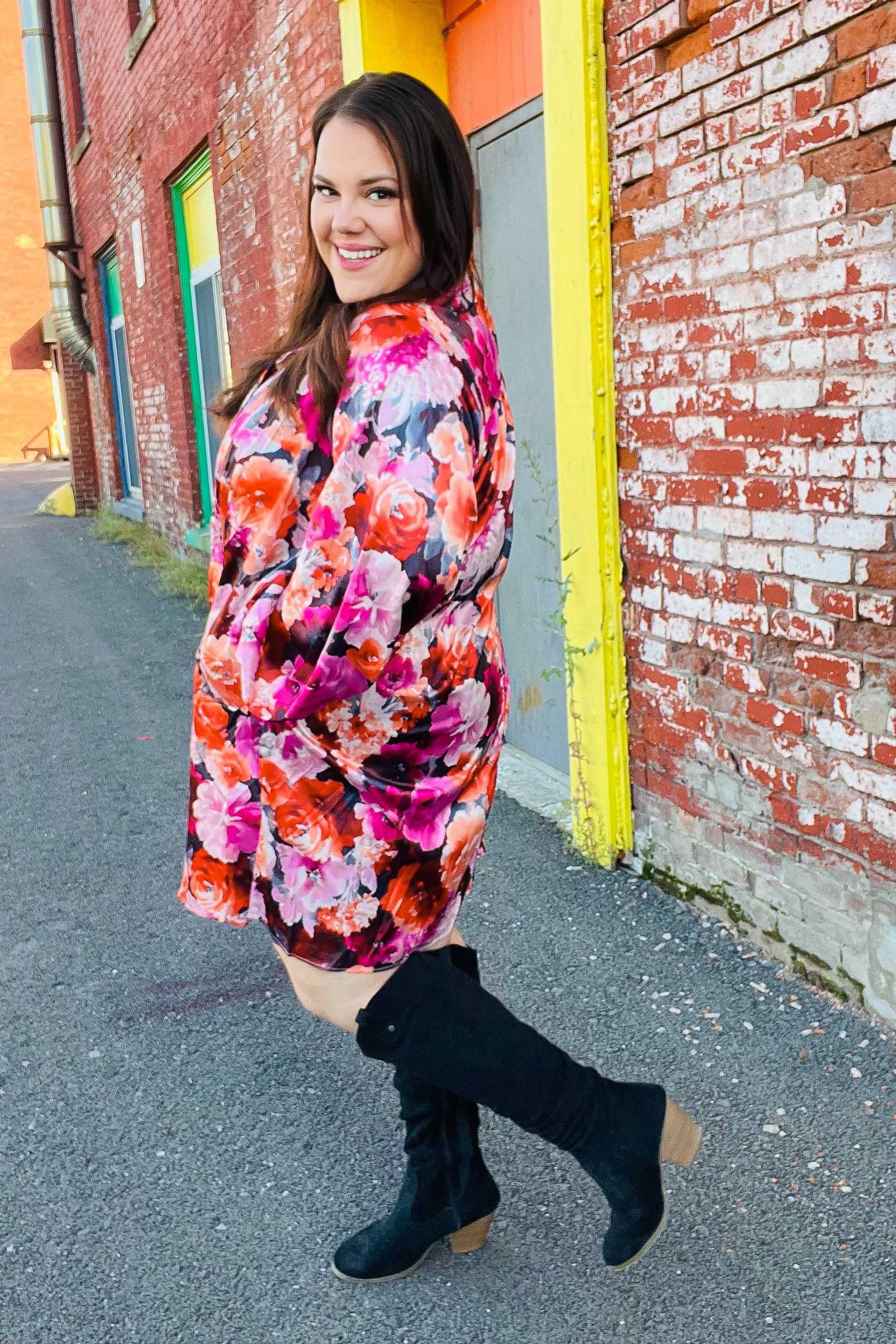 Diva Dreams Coral & Charcoal Floral Tie Neck Pintuck Satin Dress | Daverri Fashions