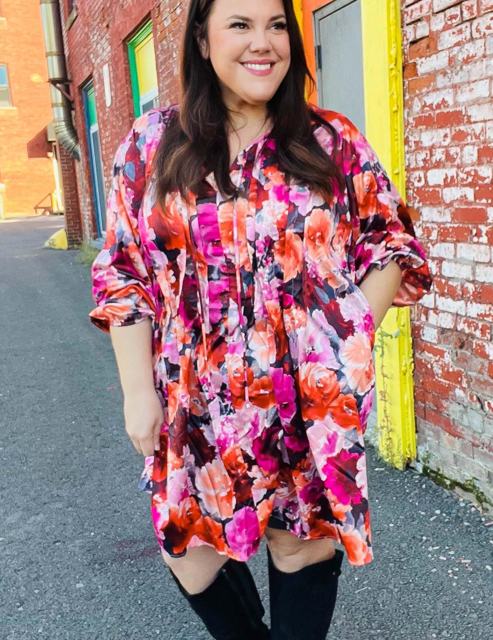 Diva Dreams Coral & Charcoal Floral Tie Neck Pintuck Satin Dress | Daverri Fashions