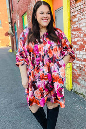 Diva Dreams Coral & Charcoal Floral Tie Neck Pintuck Satin Dress | Daverri Fashions