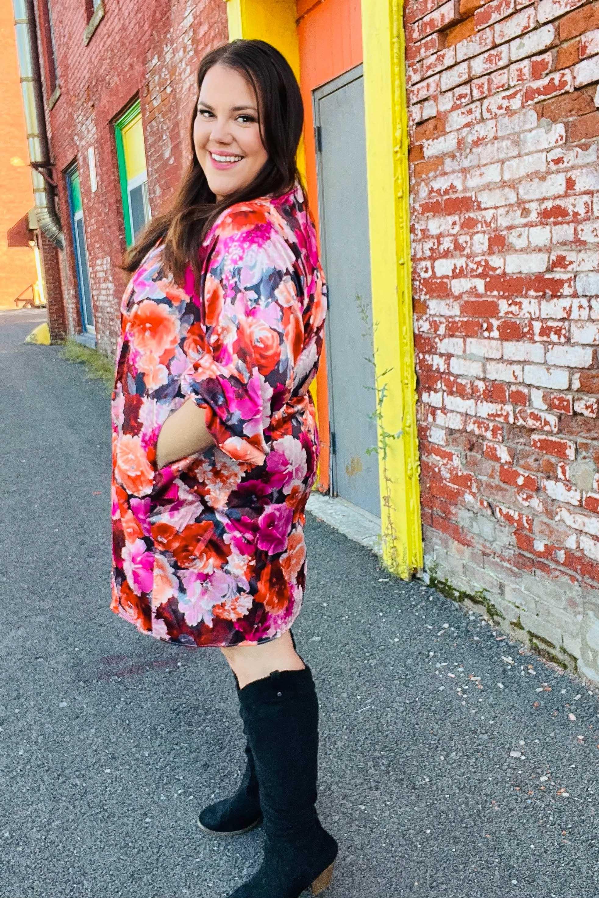 Diva Dreams Coral & Charcoal Floral Tie Neck Pintuck Satin Dress | Daverri Fashions