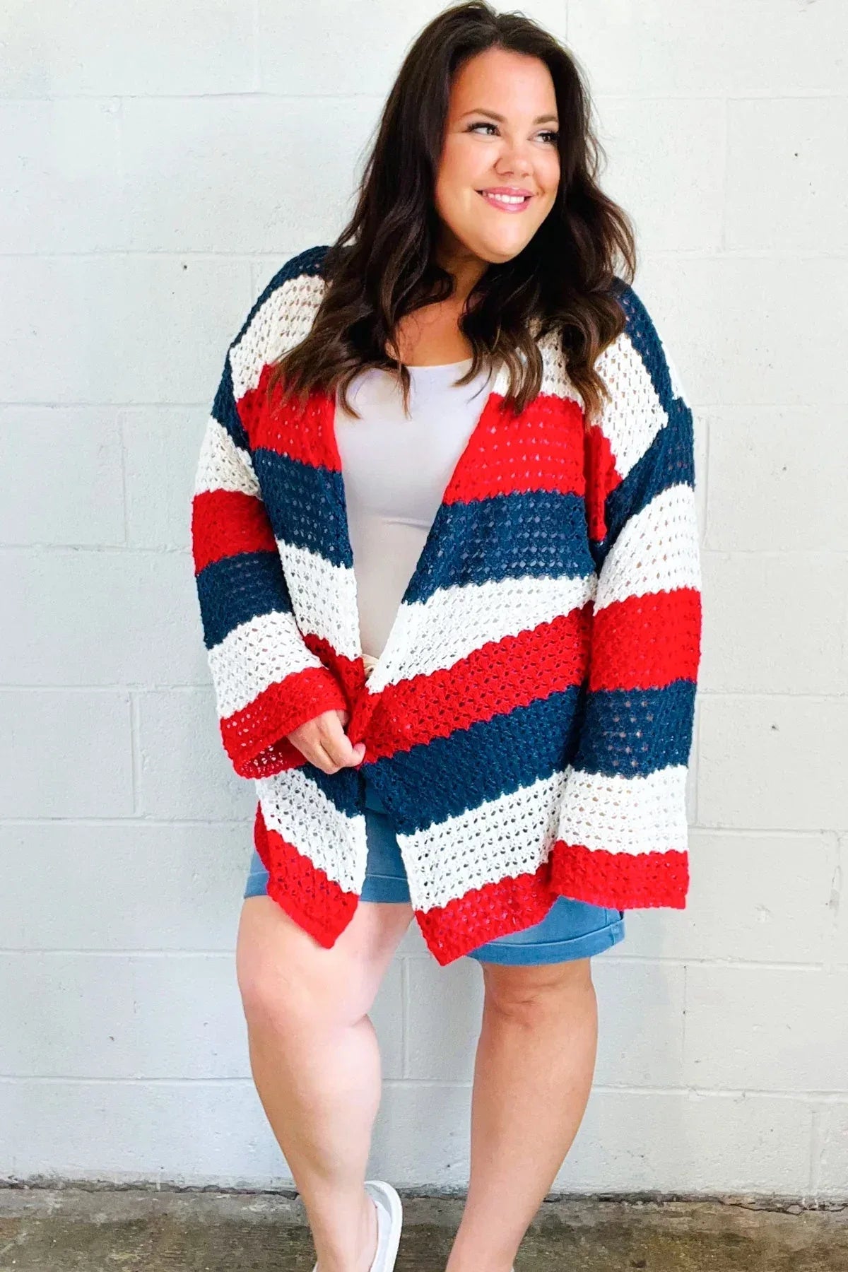 Simply Patriotic Red White & Blue Striped Crochet Cardigan - DAVERRI FASHIONS