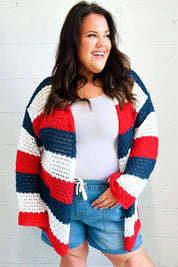 Simply Patriotic Red White & Blue Striped Crochet Cardigan | Daverri Fashions