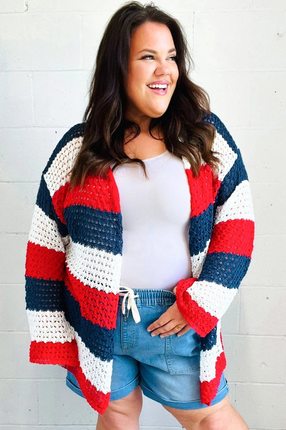 Simply Patriotic Red White & Blue Striped Crochet Cardigan - DAVERRI FASHIONS
