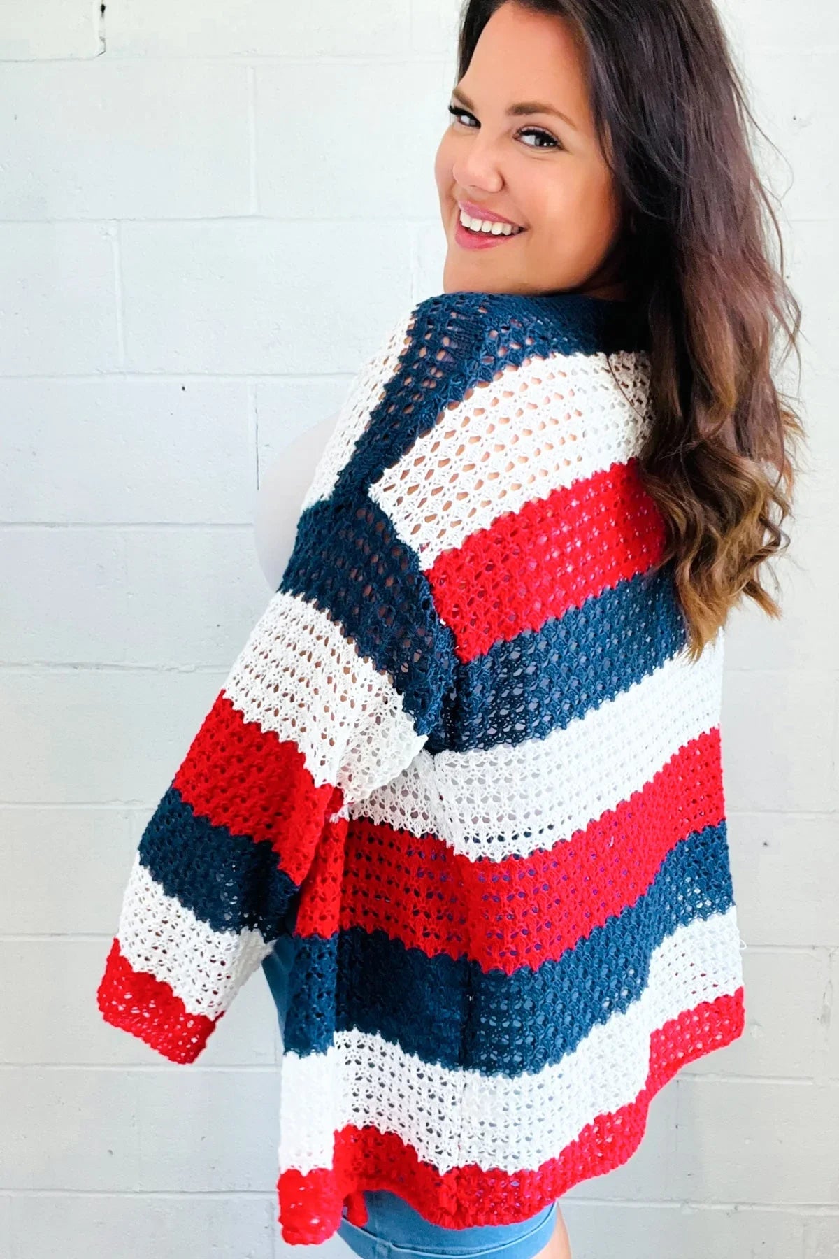 Simply Patriotic Red White & Blue Striped Crochet Cardigan | Daverri Fashions