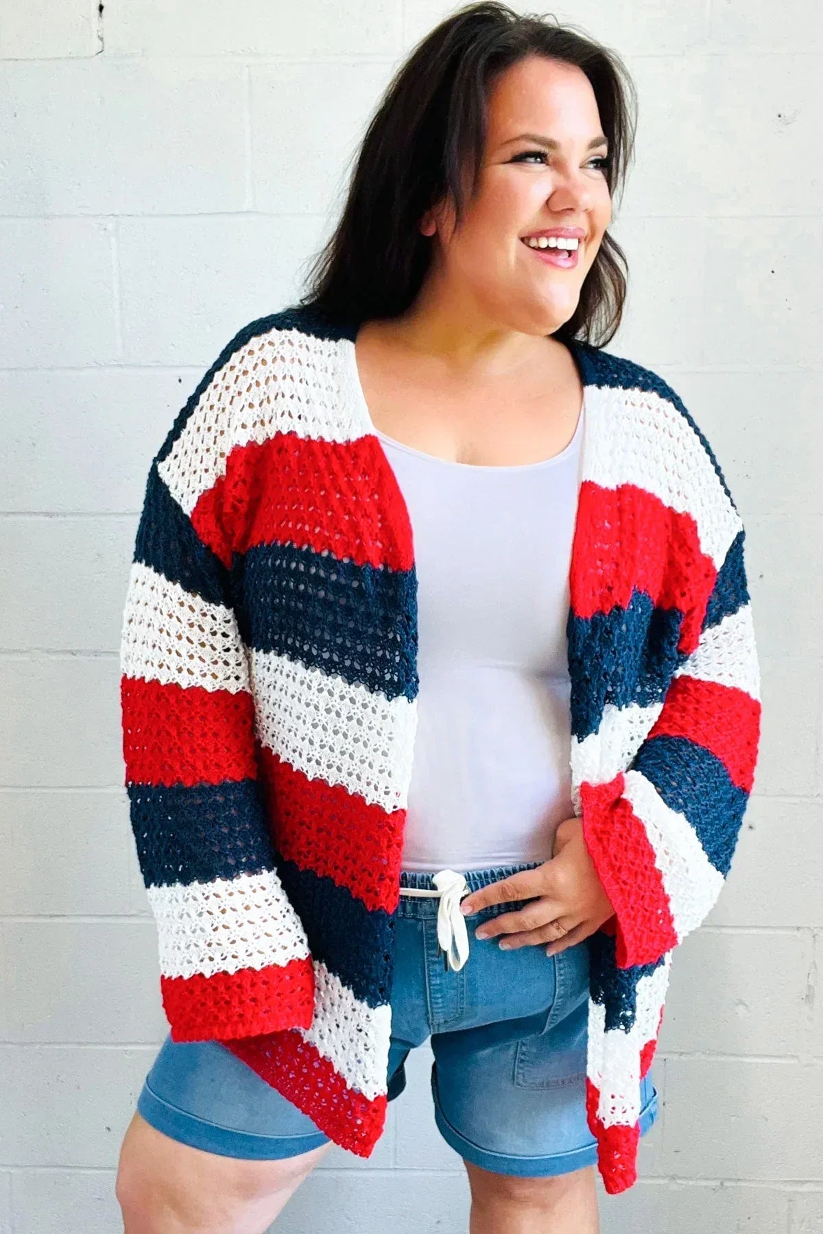 Simply Patriotic Red White & Blue Striped Crochet Cardigan - DAVERRI FASHIONS