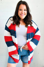 Simply Patriotic Red White & Blue Striped Crochet Cardigan | Daverri Fashions