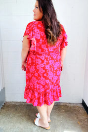 Remember Me Red & Pink Floral Print Smocked Waist Midi Dress | Daverri Fashions
