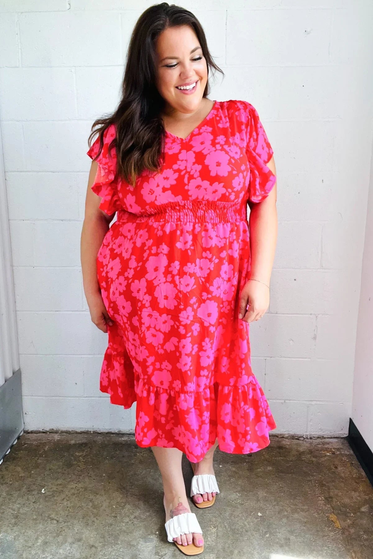 Remember Me Red & Pink Floral Print Smocked Waist Midi Dress | Daverri Fashions