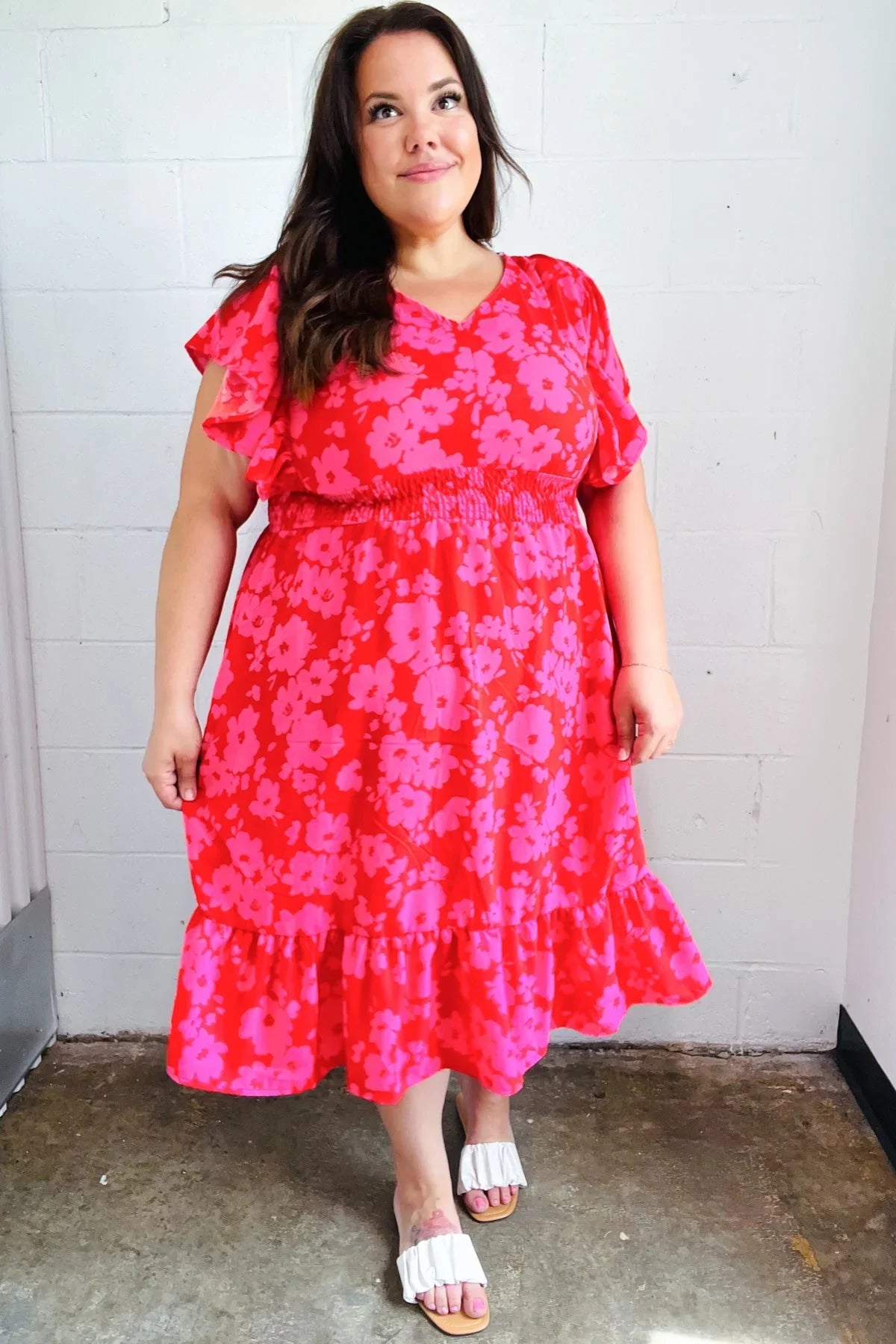 Remember Me Red & Pink Floral Print Smocked Waist Midi Dress | Daverri Fashions