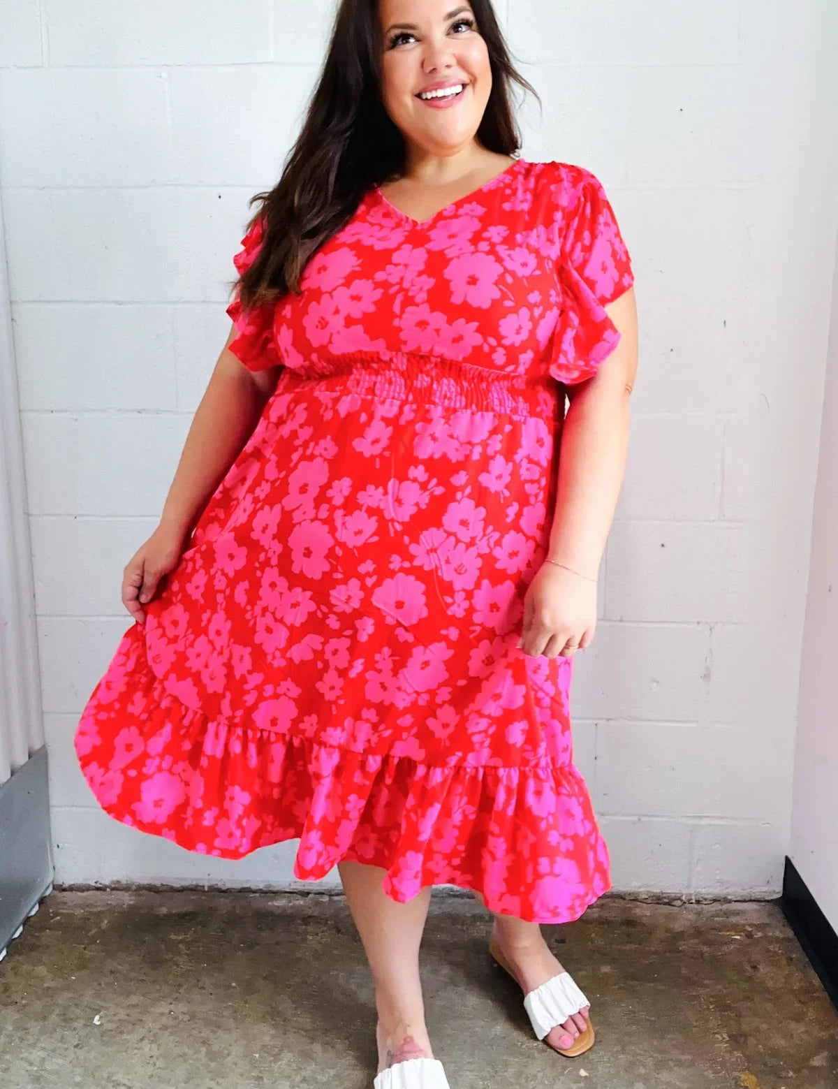Remember Me Red & Pink Floral Print Smocked Waist Midi Dress | Daverri Fashions