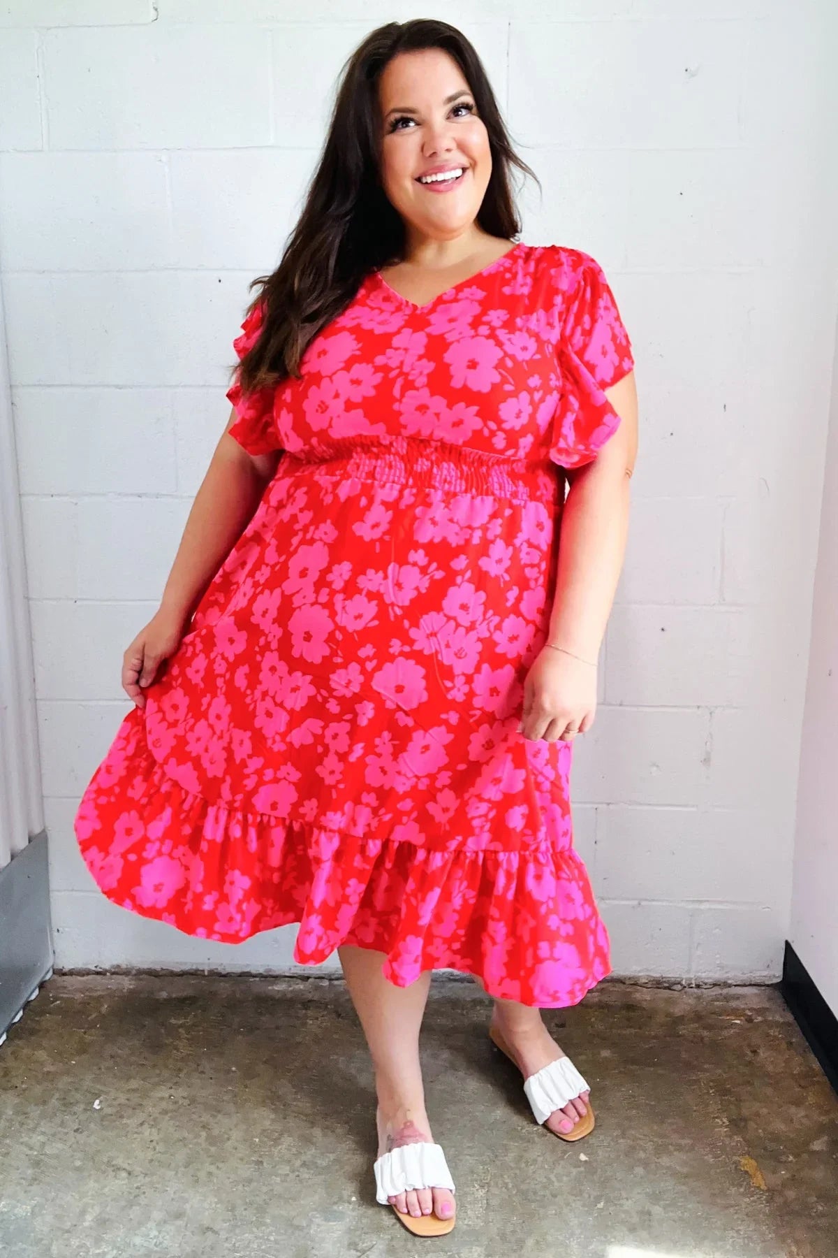 Remember Me Red & Pink Floral Print Smocked Waist Midi Dress | Daverri Fashions