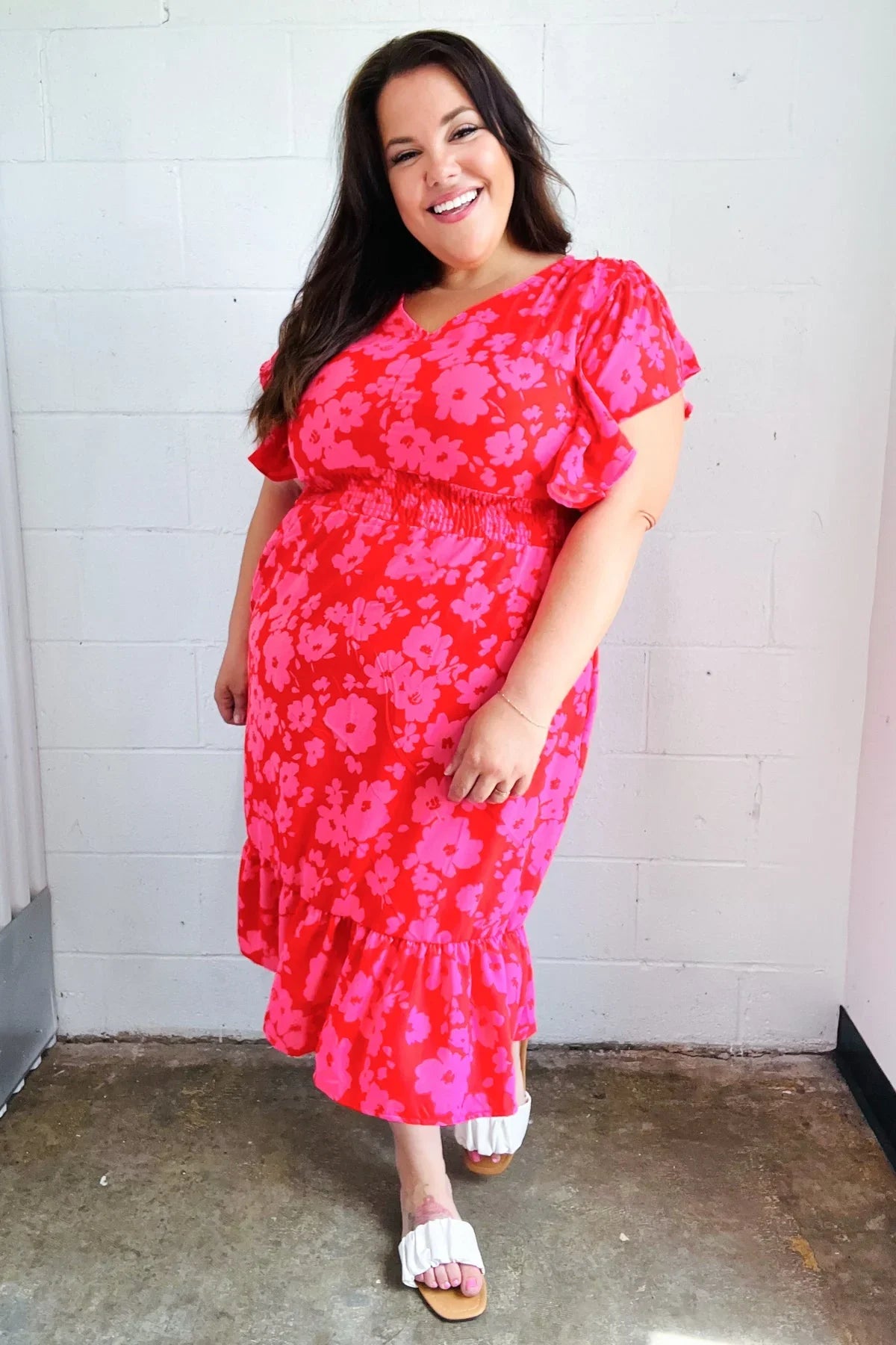 Remember Me Red & Pink Floral Print Smocked Waist Midi Dress | Daverri Fashions