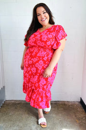 Remember Me Red & Pink Floral Print Smocked Waist Midi Dress | Daverri Fashions